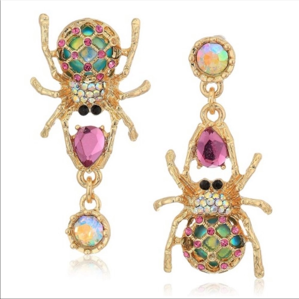 BETSEY JOHNSON - NWT Gold and Teal Spiders With Fuchsia Crystals Earrings